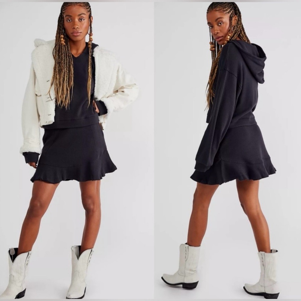 FREE PEOPLE Beach Social Set Hoodie & Mini Skirt Black Size XS NWT